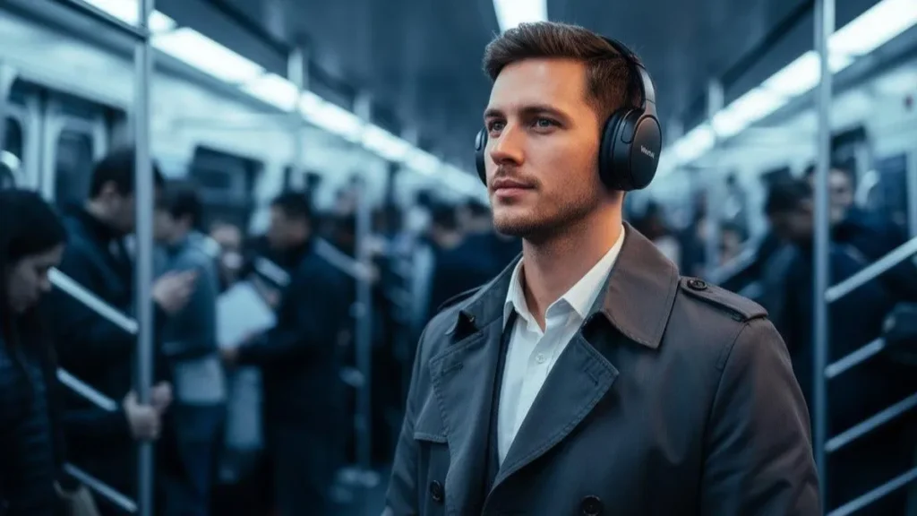 Homem usando fones JBL Tour One M2 com cancelamento de ruído ativo dentro do metrô, isolando o som externo