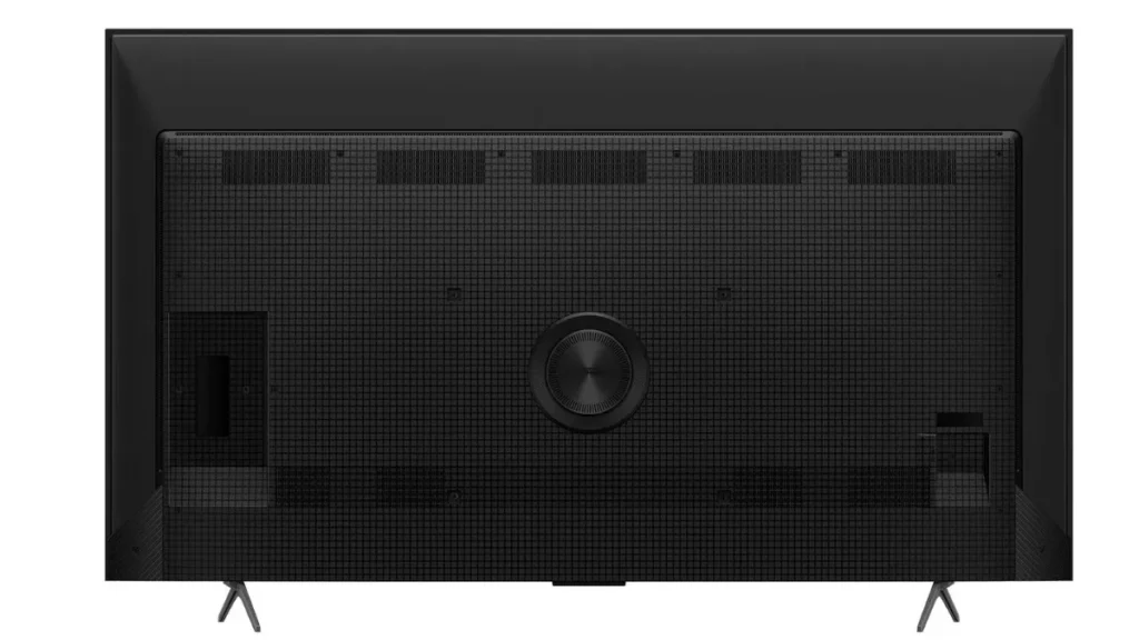 Visão traseira completa da Smart TV TCL C655 mostrando o subwoofer circular Onkyo centralizado no chassi preto.