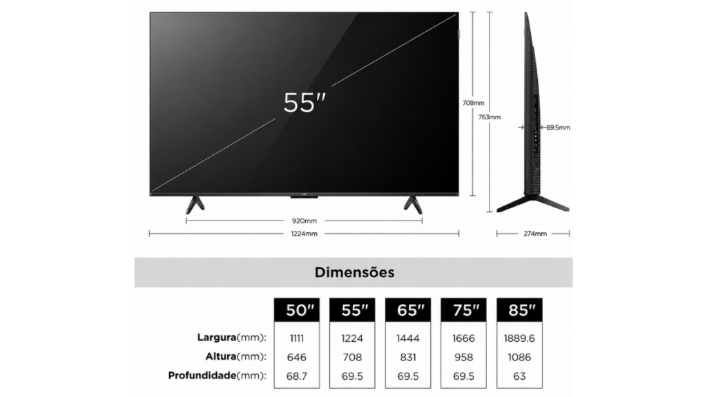 TCL P7K 55 polegadas com dimensões e medidas da TV