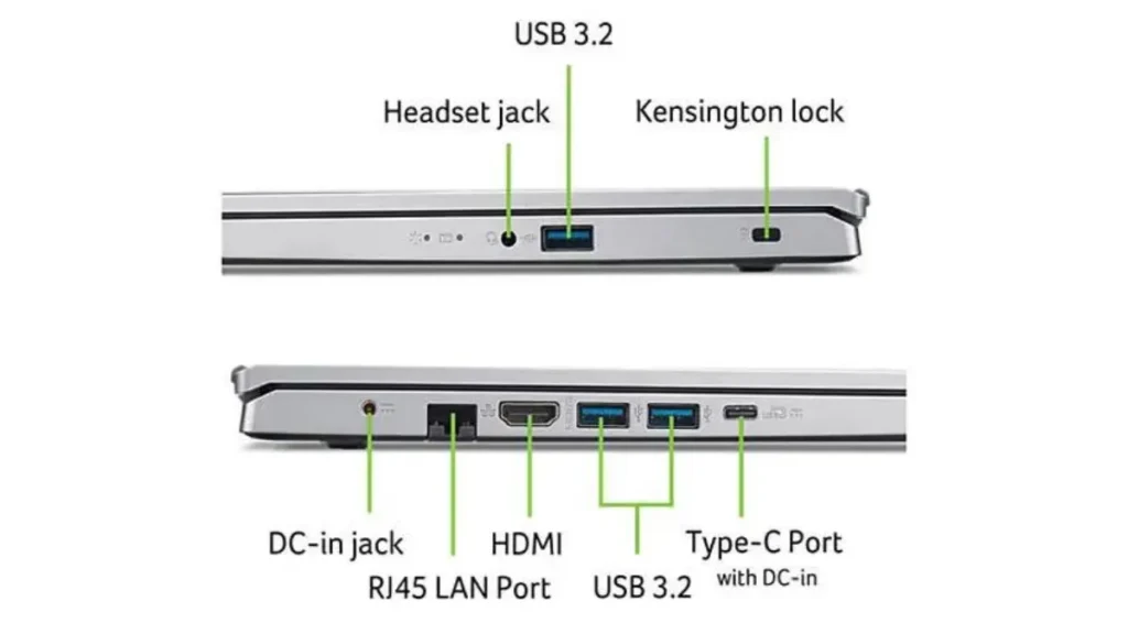 Portas laterais do Acer Aspire Go 15 incluindo conexão USB-C Power Delivery