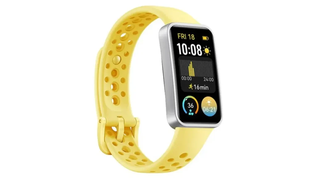 Huawei Band 9 na cor amarela com tela AMOLED de 1,47 polegada, recomendada entre os melhores dispositivos até R$ 500 em 2026 pela excelente autonomia de bateria.