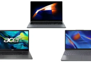 Três dos melhores notebooks para estudar exibidos abertos de frente em fundo branco isolado, destacando os modelos das marcas Samsung, Acer e Lenovo.