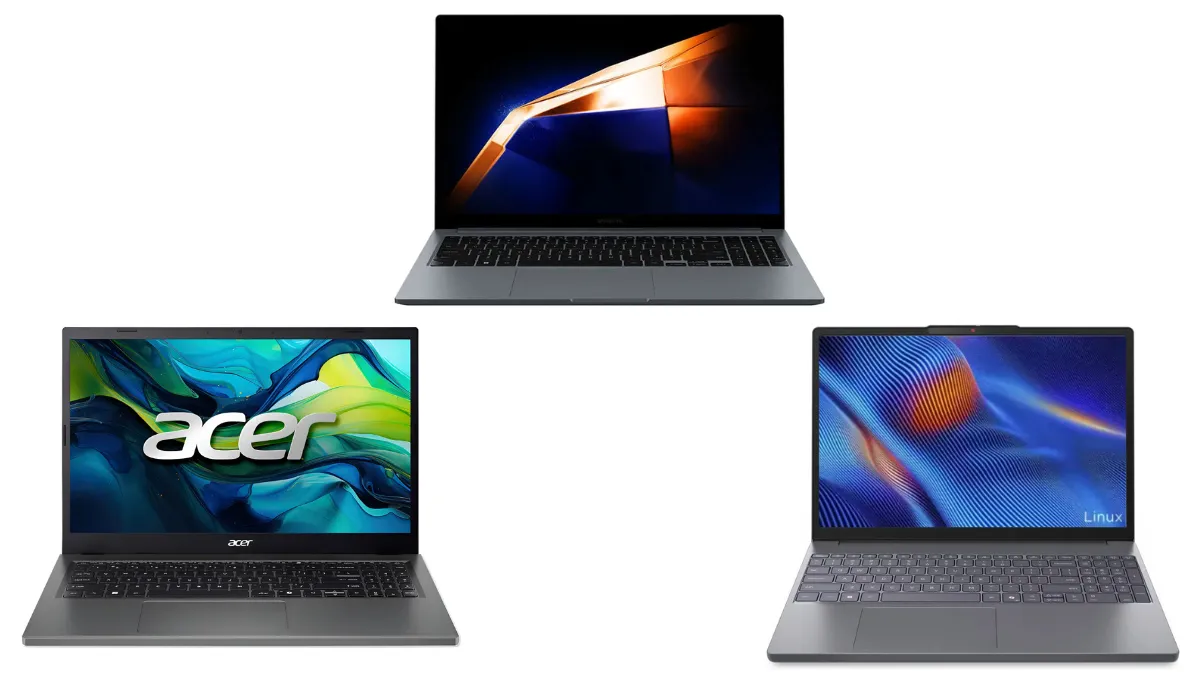 Três dos melhores notebooks para estudar exibidos abertos de frente em fundo branco isolado, destacando os modelos das marcas Samsung, Acer e Lenovo.