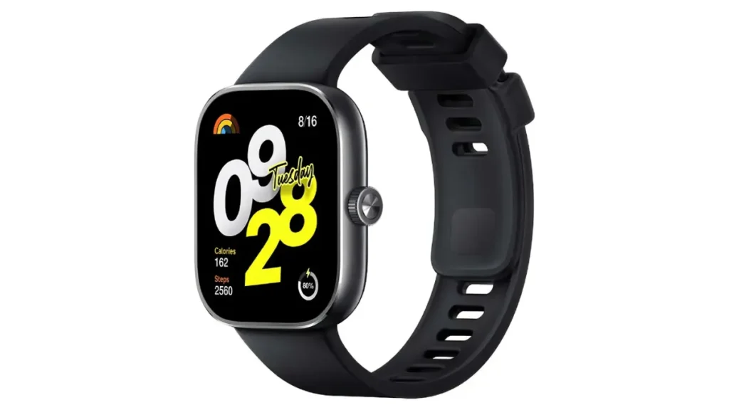 Redmi Watch 4 na cor preta com tela AMOLED de 1,97 polegadas, indicado como uma das melhores opções de smartwatch até R$ 500 em 2026.