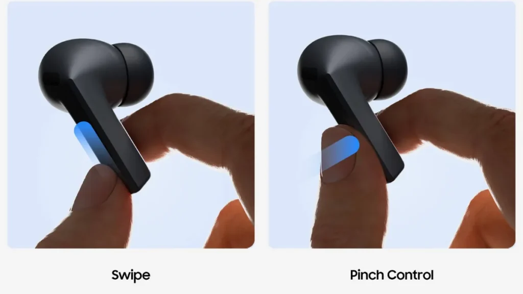 Infográfico em alta definição demonstrando o uso dos gestos de deslizar (Swipe) e apertar (Pinch Control) na haste triangular do fone de ouvido Samsung Galaxy Buds 3 Pro