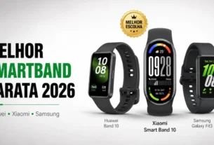 Melhor smartband barata para monitorar saúde: Huawei Band 10, Xiaomi Smart Band 10 e Samsung Galaxy Fit3 lado a lado em comparativo.