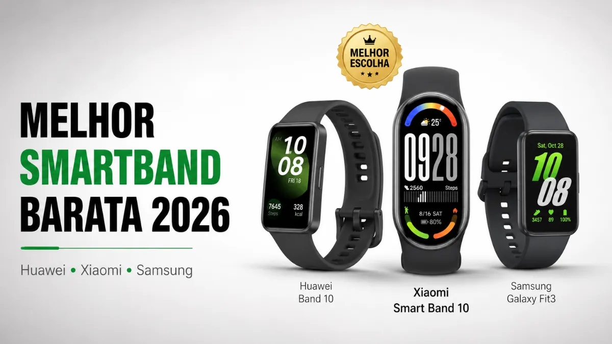Melhor smartband barata para monitorar saúde: Huawei Band 10, Xiaomi Smart Band 10 e Samsung Galaxy Fit3 lado a lado em comparativo.