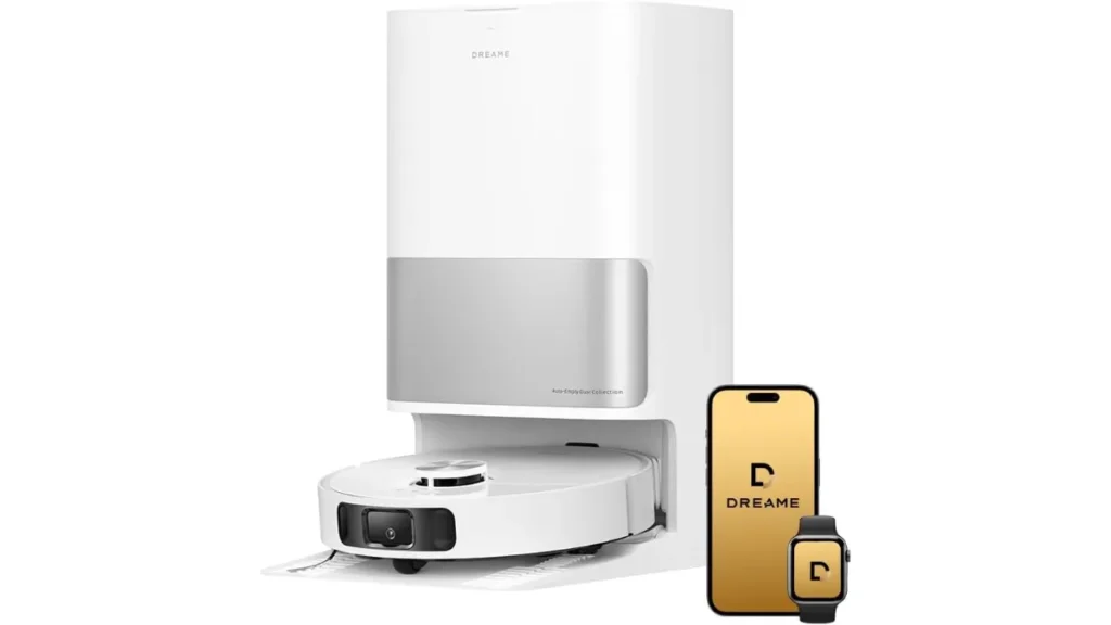 Robô aspirador Dreame L10s Ultra Gen 2 branco na base inteligente tudo-em-um ao lado de celular e smartwatch mostrando o aplicativo Dreame, eleito o melhor robô aspirador em 2026 na categoria premium.