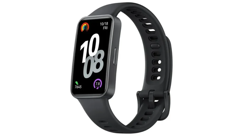 Smartband Huawei Band 10 preta de perfil em perspectiva com pulseira de silicone preta perfurada e tela AMOLED retangular exibindo o número 10 grande em branco.