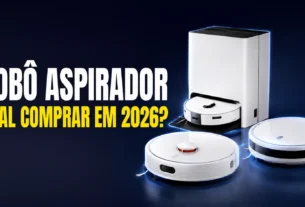 Capa do guia com o melhor robô aspirador em 2026 mostrando três modelos brancos em um fundo azul escuro.
