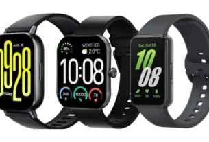 Comparação dos modelos candidatos ao melhor smartwatch até 300 reais: Redmi Watch 5 Active à esquerda com números amarelos na tela, Haylou S6 ao centro com coroa giratória e Samsung Galaxy Fit 3 à direita exibindo o horário 10:08 em verde.