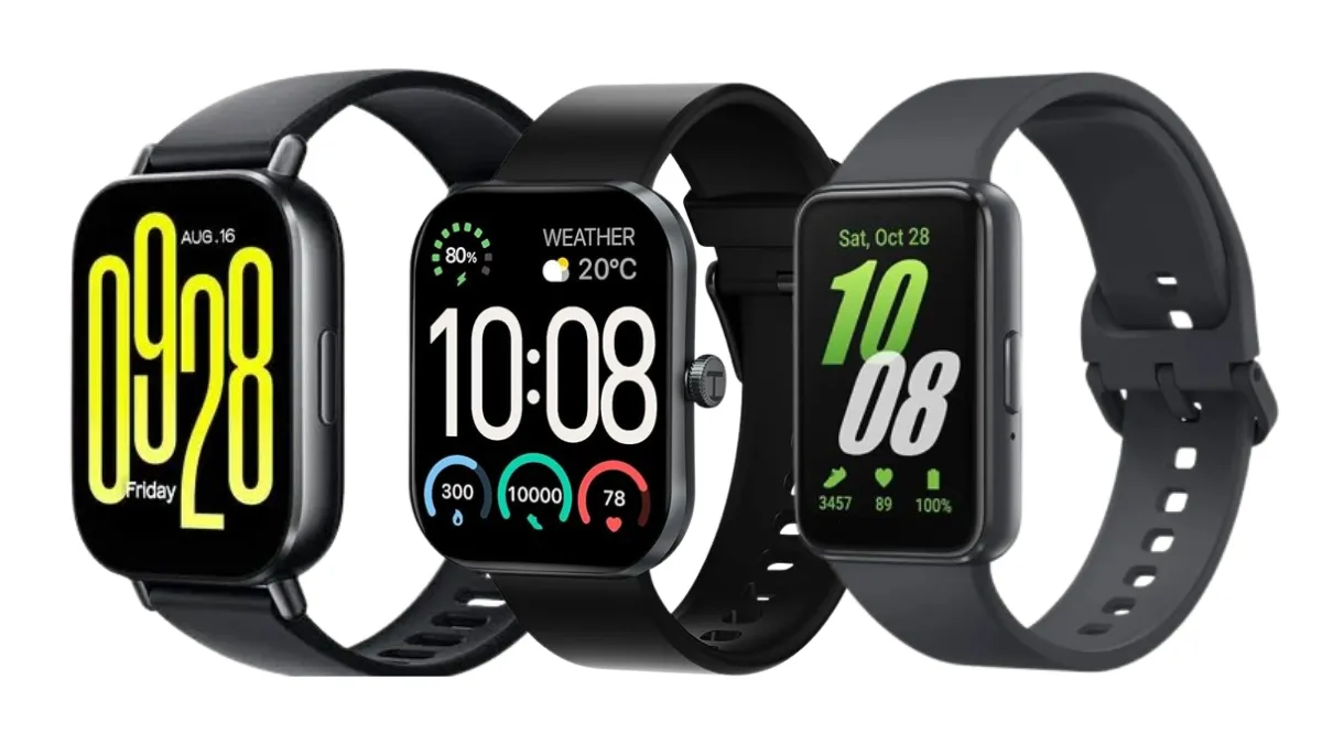 Comparação dos modelos candidatos ao melhor smartwatch até 300 reais: Redmi Watch 5 Active à esquerda com números amarelos na tela, Haylou S6 ao centro com coroa giratória e Samsung Galaxy Fit 3 à direita exibindo o horário 10:08 em verde.