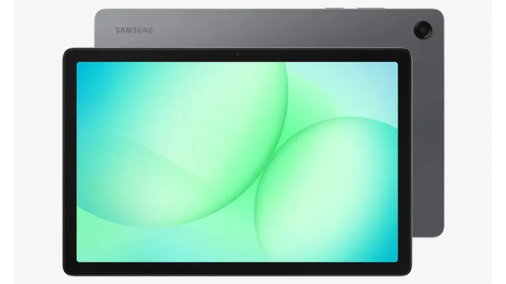 Samsung Galaxy Tab A11 Plus mostrando a parte frontal e traseira do tablet com tela de 11 polegadas
