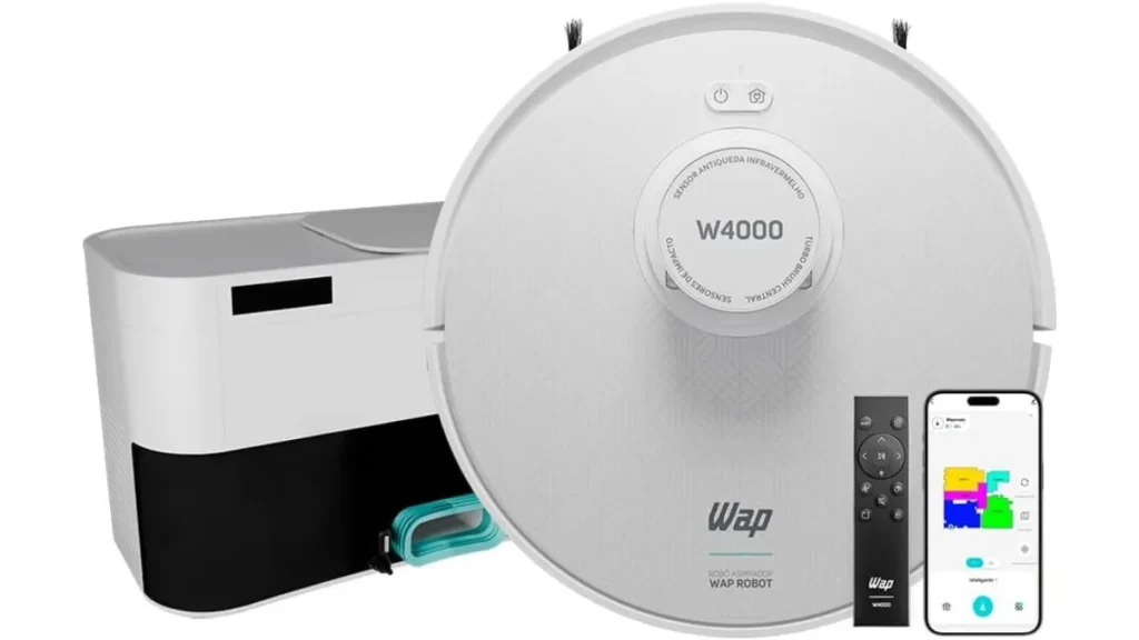Robô aspirador WAP Robot W4000 branco com sua estação base autolimpante, controle remoto e aplicativo com mapa da casa, destacado como melhor robô aspirador em 2026 com suporte nacional.