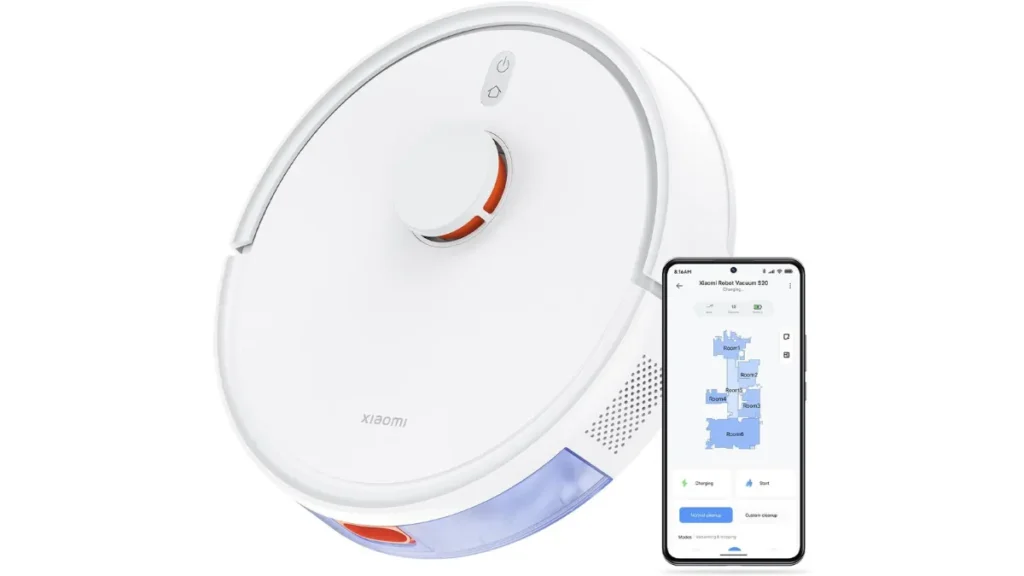 Robô aspirador Xiaomi Robot Vacuum S20 branco com mapeamento a laser e aplicativo de celular mostrando o mapa da casa, eleito o melhor robô aspirador em 2026 em custo-benefício.