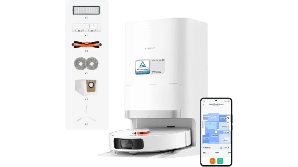 Robô aspirador Xiaomi Robot Vacuum X20+ branco acoplado à sua estação inteligente multifuncional de autolimpeza ao lado de seus acessórios e aplicativo móvel, em destaque no artigo de melhor robô aspirador em 2026.