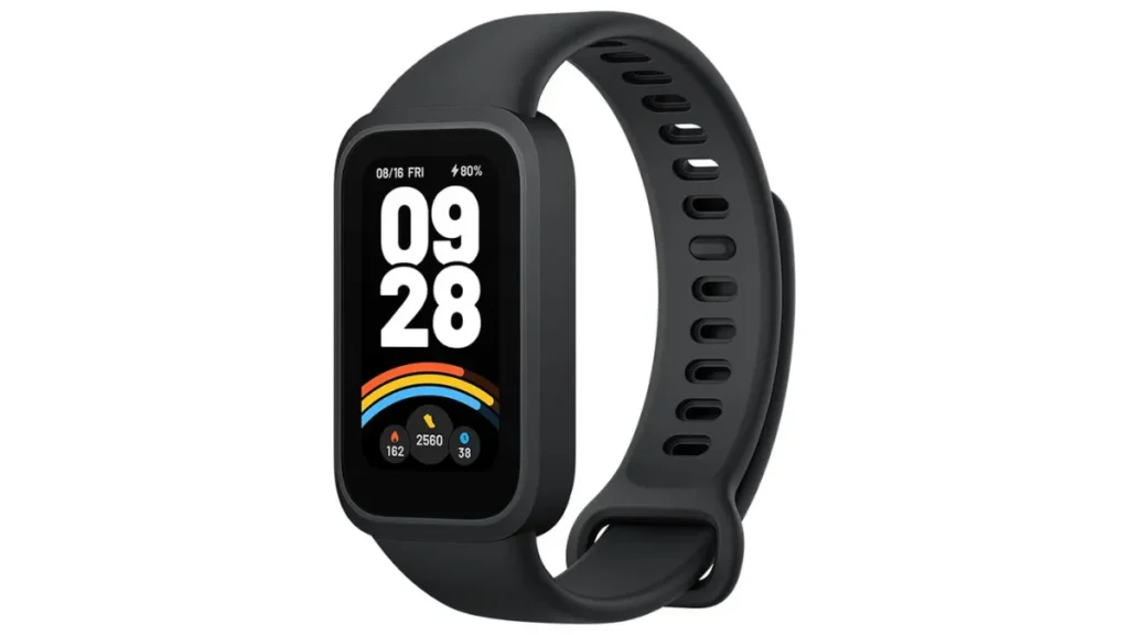Pulseira inteligente Xiaomi Smart Band 9 Active preta vista de perfil com tela compacta vertical acesa exibindo as horas e ícone de arco-íris.