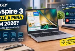 Infográfico sobre o notebook Acer Aspire 3 com a pergunta "Acer Aspire 3 vale a pena em 2026? Veredito sem rodeios". A imagem mostra o aparelho aberto em uma mesa de madeira e destaca as especificações: Intel Core i3 N305, 8GB RAM, SSD 256GB e tela 15,6" Full HD. No canto direito, lista os pontos fortes (SSD, Wi-Fi 6, bom desempenho no uso leve) e os pontos de atenção (Tela TN, RAM soldada, sem Ethernet), além de uma tarja amarela com a frase "Custo-benefício: Será que compensa?".