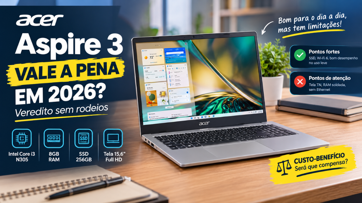 Infográfico sobre o notebook Acer Aspire 3 com a pergunta "Acer Aspire 3 vale a pena em 2026? Veredito sem rodeios". A imagem mostra o aparelho aberto em uma mesa de madeira e destaca as especificações: Intel Core i3 N305, 8GB RAM, SSD 256GB e tela 15,6" Full HD. No canto direito, lista os pontos fortes (SSD, Wi-Fi 6, bom desempenho no uso leve) e os pontos de atenção (Tela TN, RAM soldada, sem Ethernet), além de uma tarja amarela com a frase "Custo-benefício: Será que compensa?".