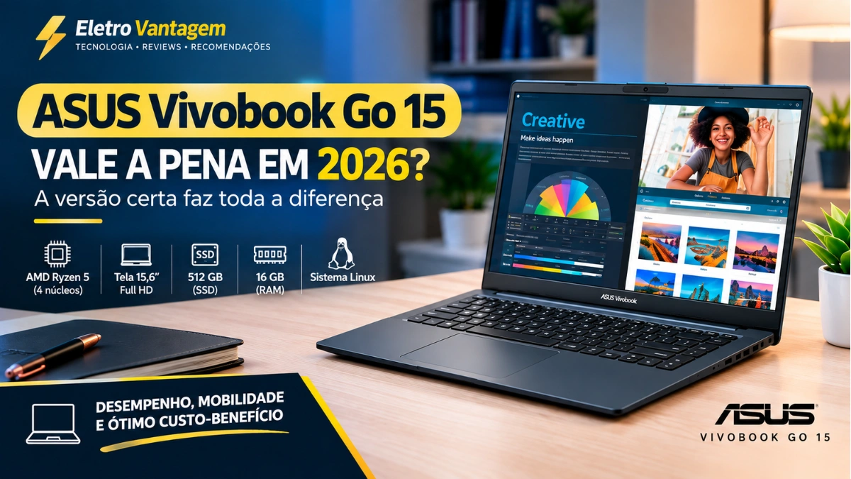 Notebook Asus Vivobook Go 15 vale a pena em 2026? Capa do artigo de review no blog EletroVantagem mostrando um notebook preto aberto em uma mesa de madeira ao lado de um caderno, caneta e um vaso de planta. O banner traz os ícones das especificações técnicas da versão com processador AMD Ryzen 5 de 4 núcleos, tela de 15,6 polegadas Full HD, SSD de 512 GB, 16 GB de memória RAM e sistema operacional Linux.