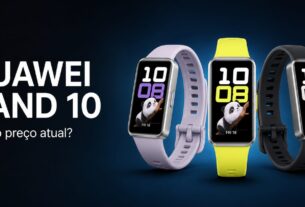 Huawei Band 10 vale a pena? Três unidades do smartband nas cores lilás, amarelo e preto lado a lado, exibindo o mostrador com animação de panda na tela
