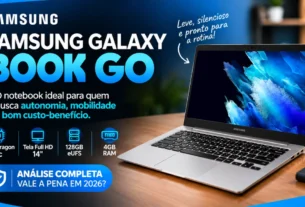 Banner de análise técnica para responder se o notebook Samsung Galaxy Book Go Vale a Pena comprar para estudos e tarefas básicas.