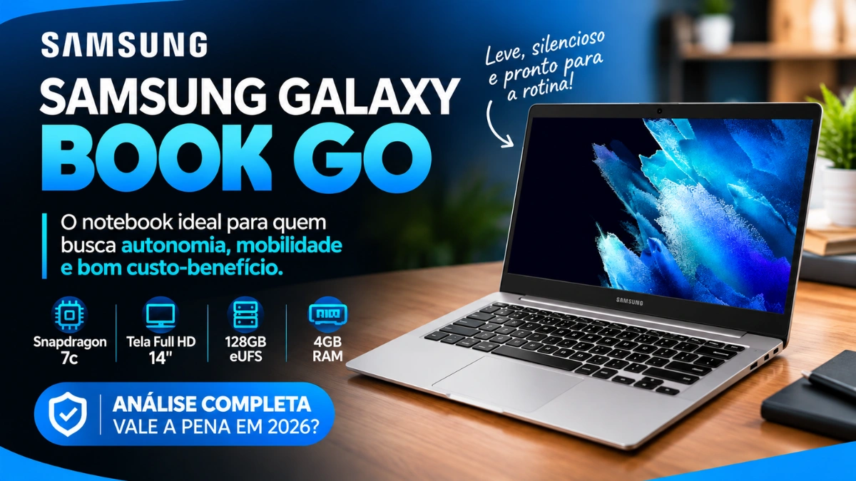 Banner de análise técnica para responder se o notebook Samsung Galaxy Book Go Vale a Pena comprar para estudos e tarefas básicas.